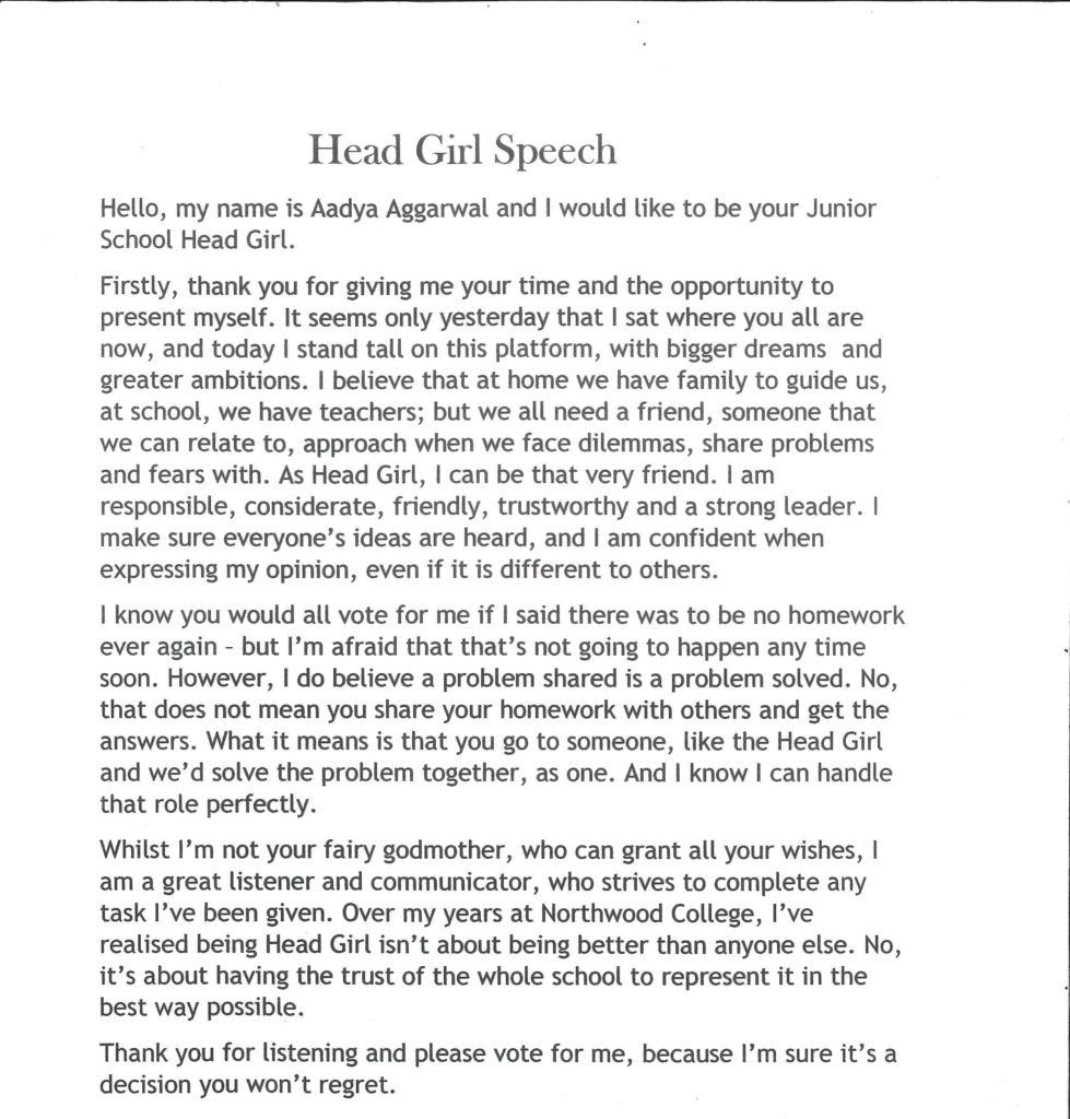 head girl speech examples